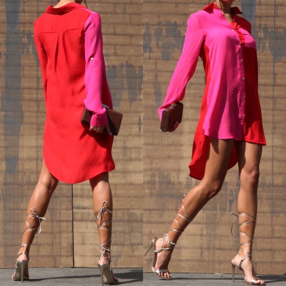 My Funny Valentine Red and Pink Colorblock Shirt Dress - Picture 4 of 5